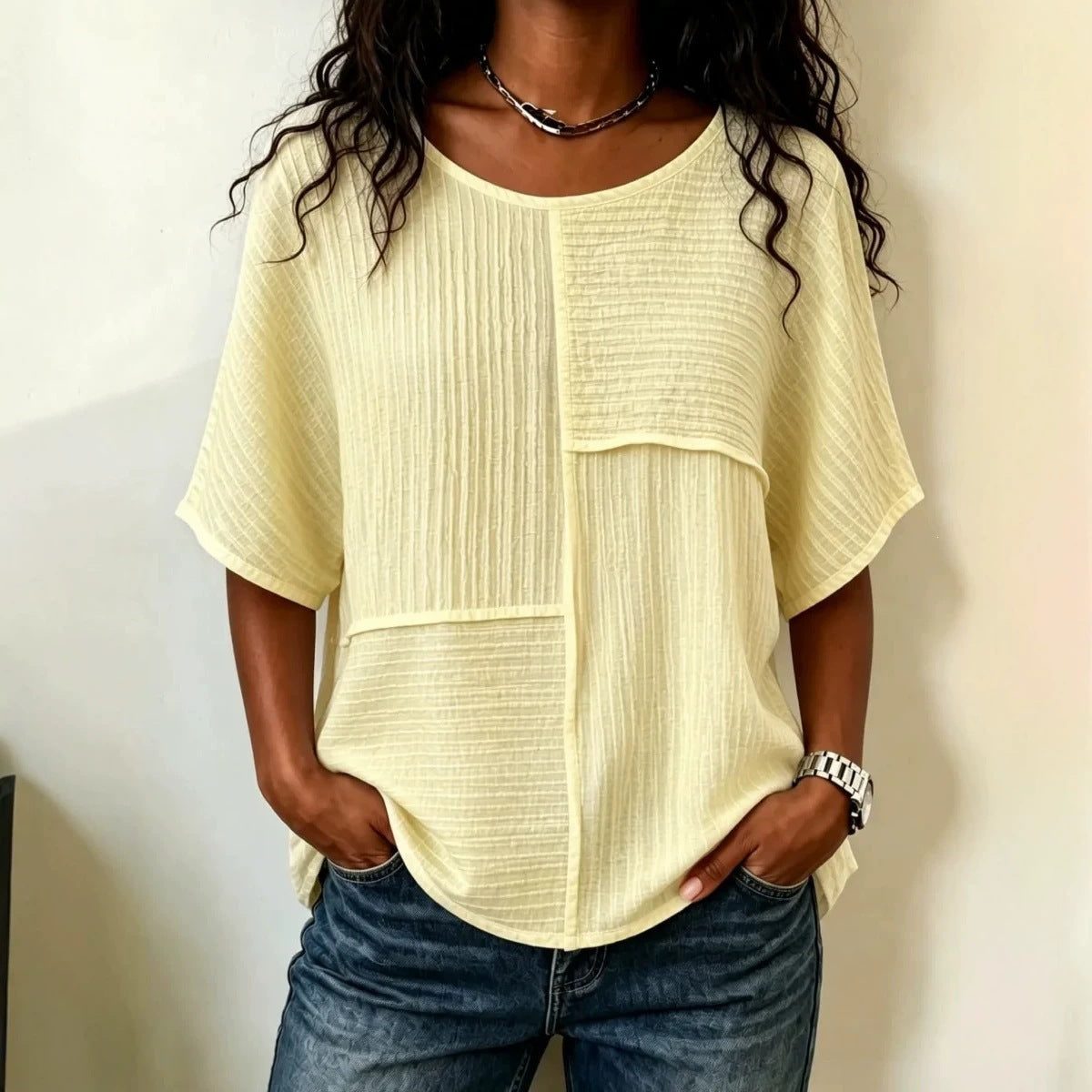 Femmes Casual Patchwork Haut à manches courtes