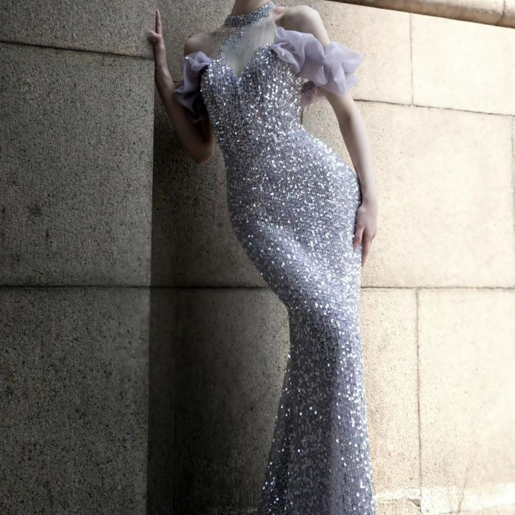 Violet Hôte Starry Sky Réunion annuelle Robe de Toast Perlé Halter Modèle Catwalk Fishtail