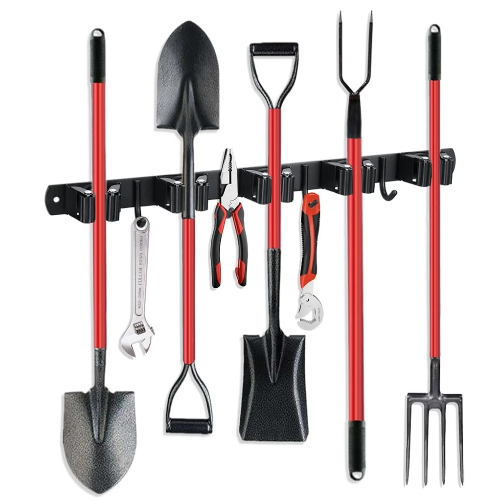 Porte-monnaie murale Mop Support Organisateur Rack 4 Fentes 5 Crochets Garage Rangement Stee Inox