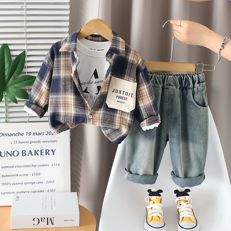 Chemise en Plaid pour Enfants avec Pockets 3 pièces Trendy Outfit