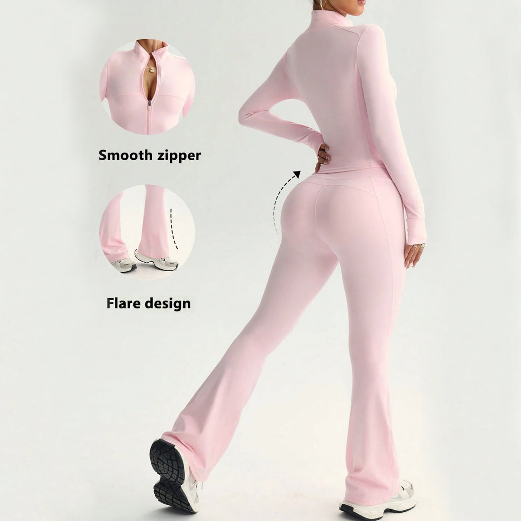 Femmes Solid-Color Casual Sports Yoga manches longues Zip-Up longue série