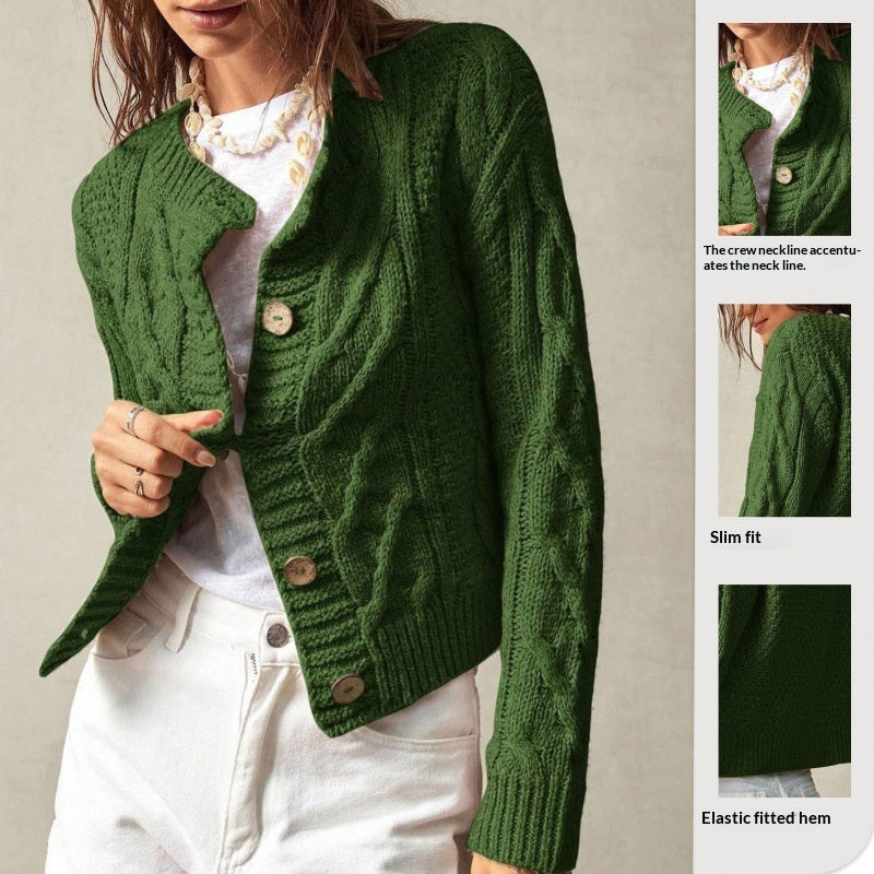 Cable-knit Cardigan Femmes Col d'équipage Veste de sweater courte
