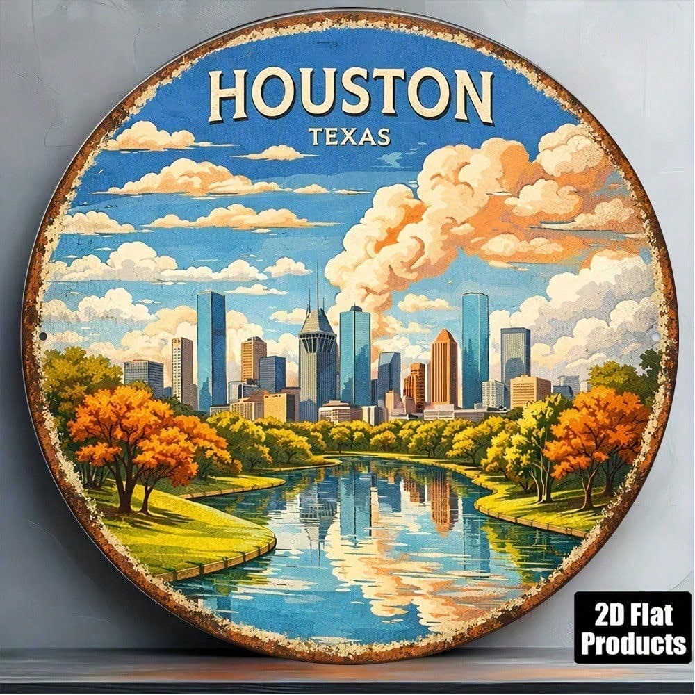 8x8in Houston Texas Cityscape Vintage rond panneau de décoration murale