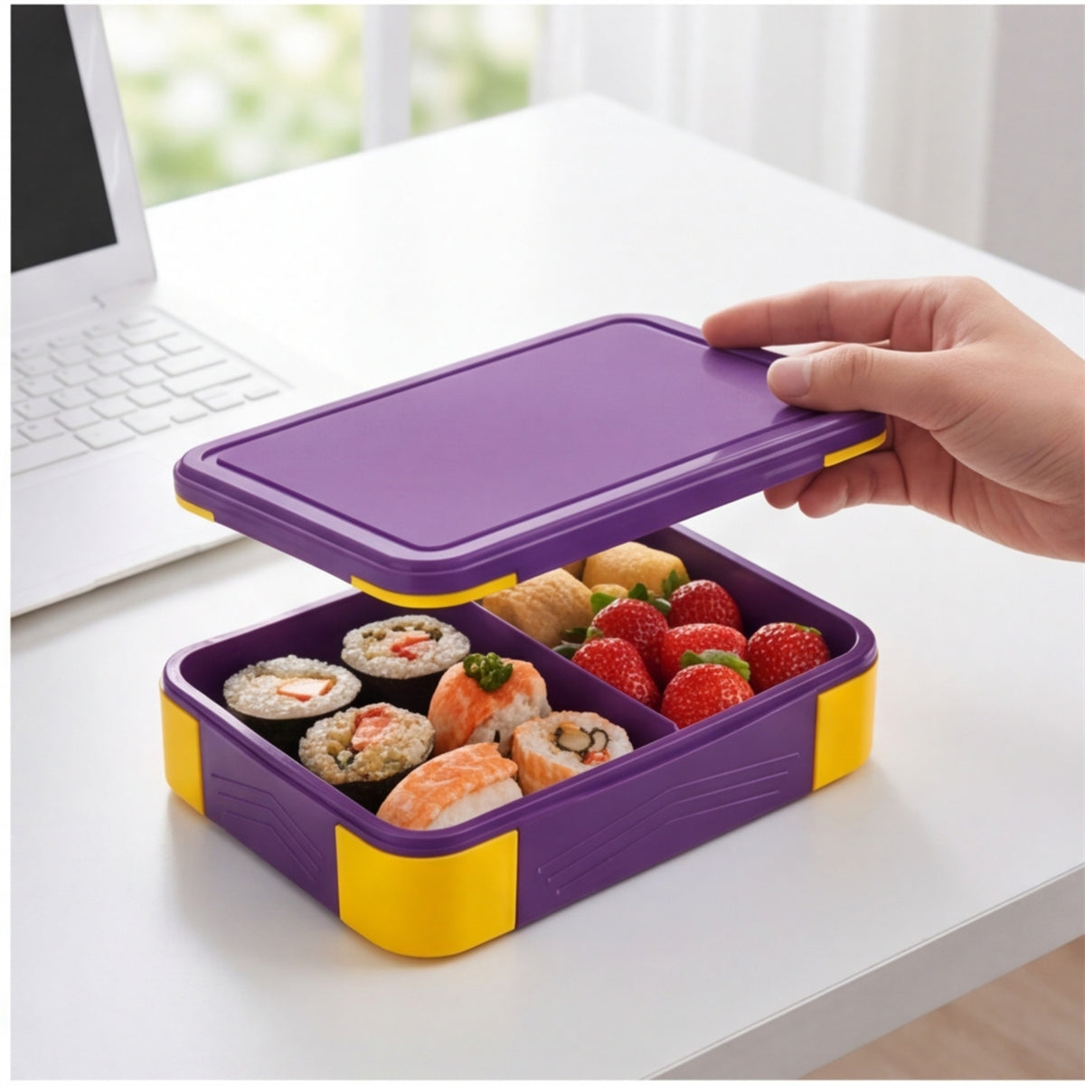 Boîte de rangement avec compartiments – Boîte à déjeuner en violet et jaune – fournitures de fête