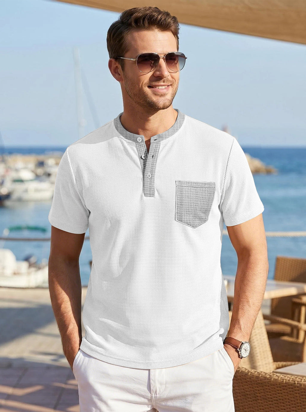 Hommes Waffle Knit Henley T-shirt avec la couleur contrastante Pocket Plus Taille Casual Respirant Shor
