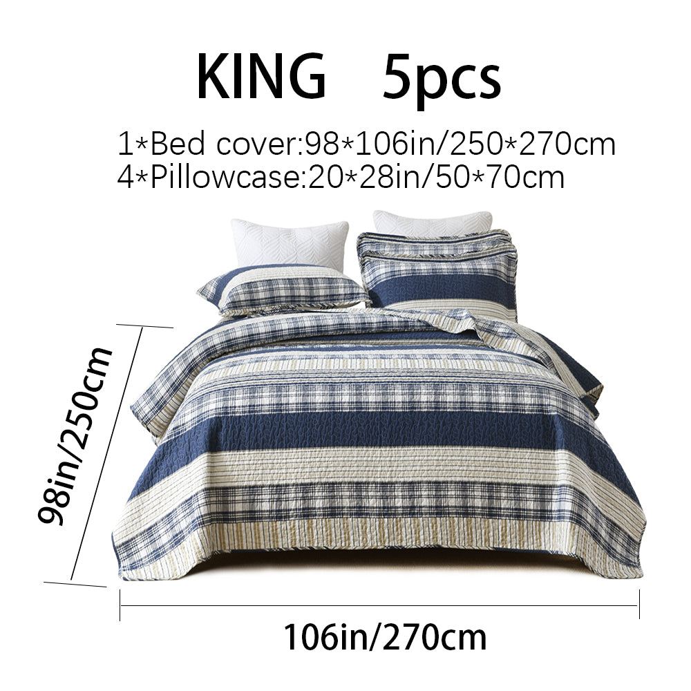 Cotton Reversible Quilt Bedspread Set Nautical Classic Stripe Navy Blue Beige Windowpane C