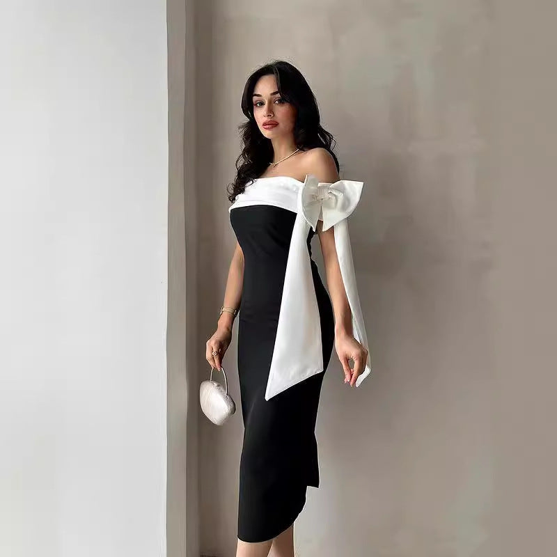 Femmes hors-épaule Bow noir et blanc couleur assorti Elégant robe de cocktail