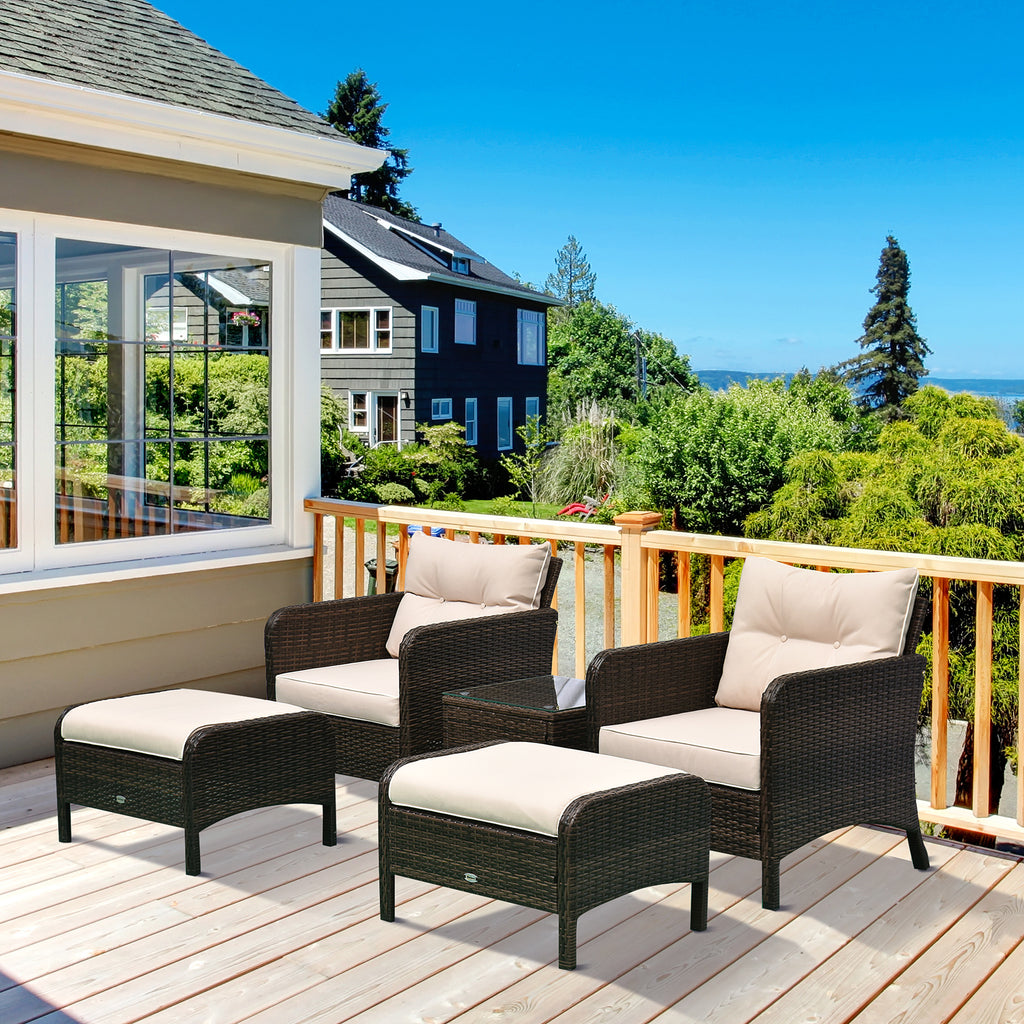 5 pièces Rattan Wicker Lounge Chaise extérieure Patio Conversation Set avec 2 chaises coussinées