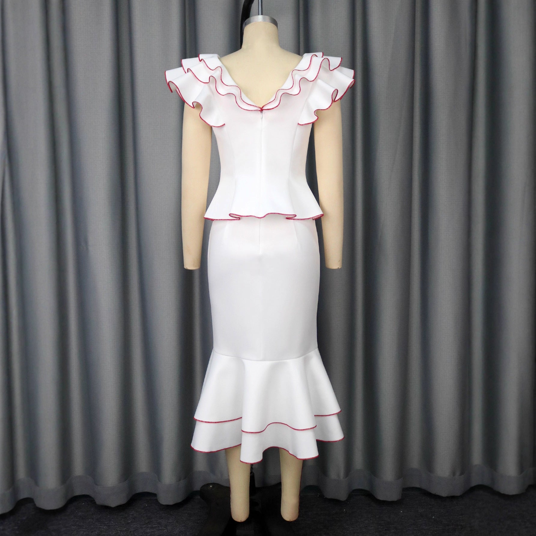 Femmes Ruffled Contrast Couleur Top Tempérament Slim Fishtail Jupe costume
