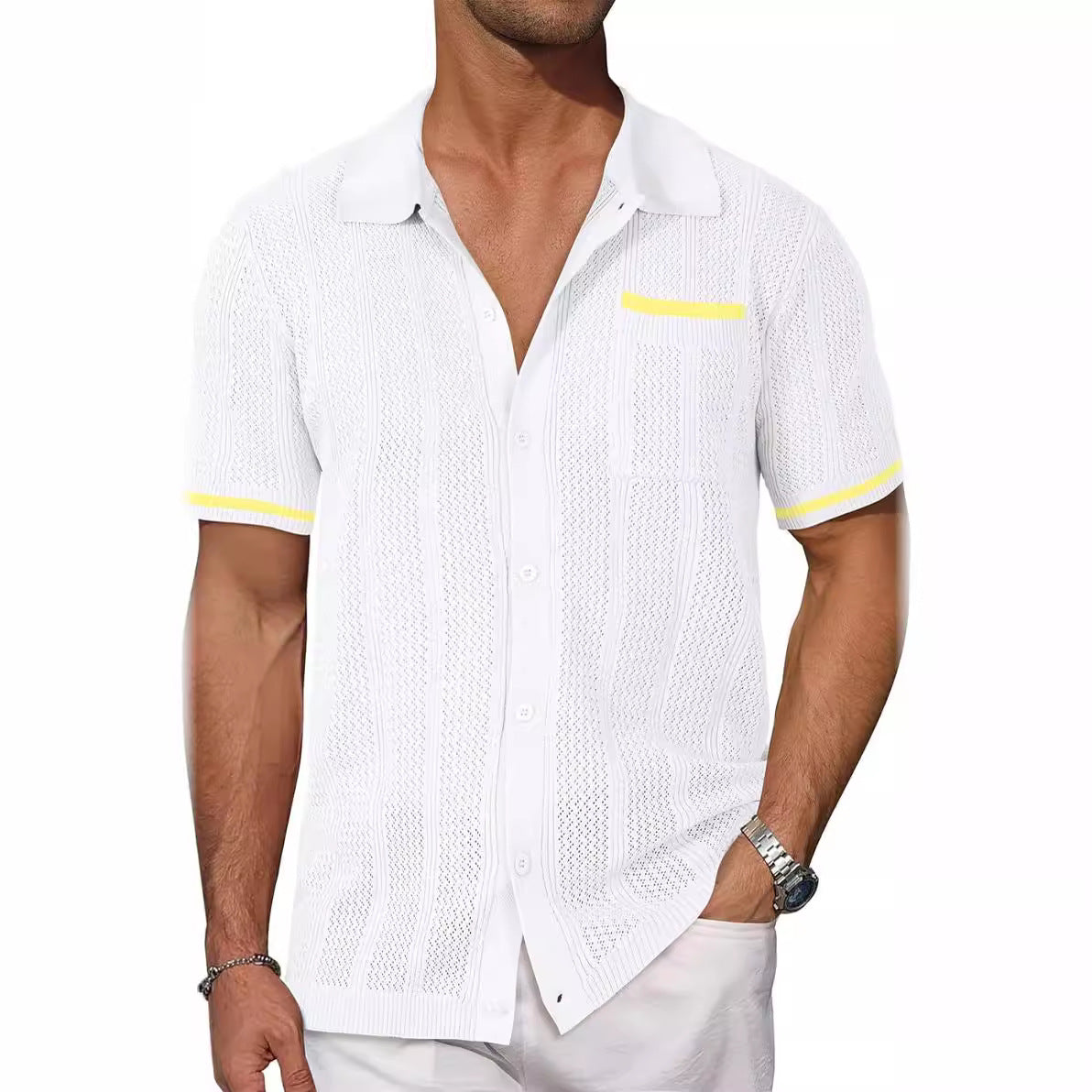 Chemise à manches courtes Poche Hollow Respirant Cool Summer Veste Casual Homme Cardigan
