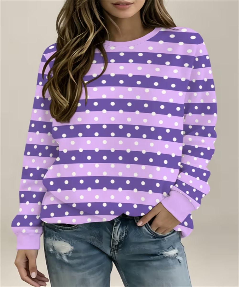Pink Black Stripe & White Polka Dot Imprimer Sweat-shirt en col rond