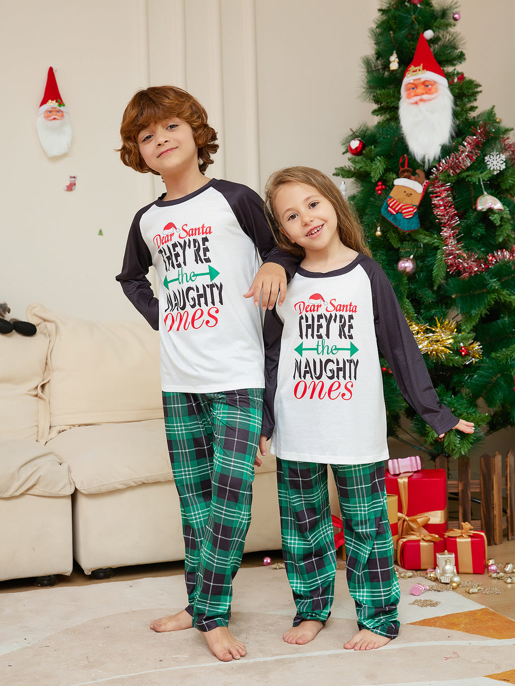 Mode femme vert avec lettres Plaid Imprimé costume de pyjamas