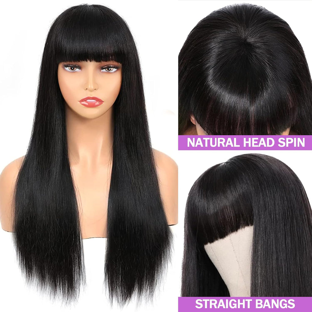 Perruque droite de cheveux humains faite à la machine avec des bangs