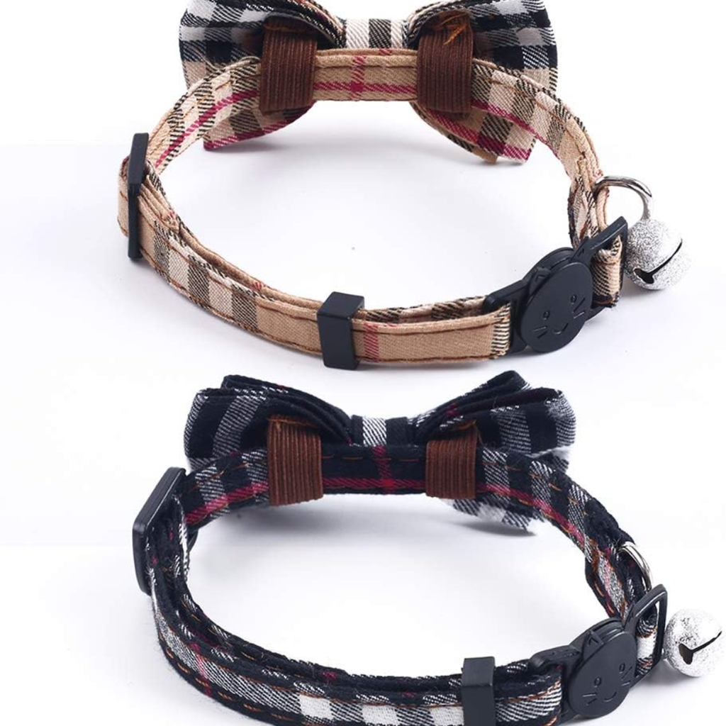 Breakaway Cat Collars with Cute Bow Bell, 2 Pack Plaid Kitten Collar with Remova