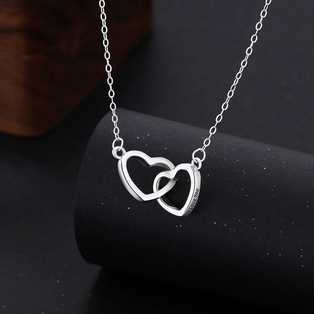 S925 Collier argenté en forme de coeur avec pendentif double coeur gravé