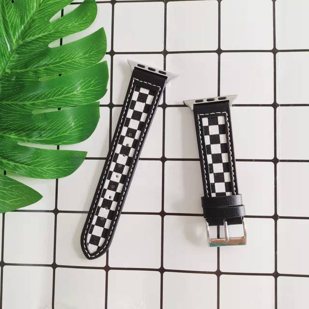 Iwatch7 654321 Black and White Checker Toile Bracelet en cuir