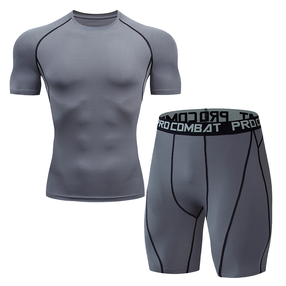 Hommes Quick Dry Compression costume 2 pièces Athletic Short Sleeve Tight Chemise Elastic Waist Sp