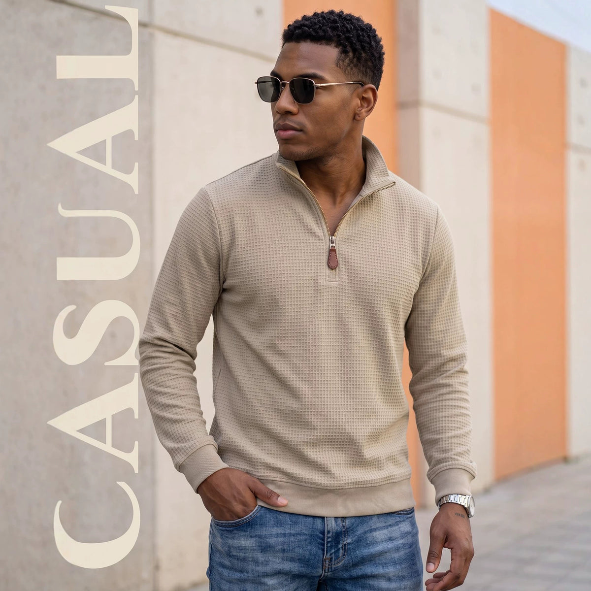 Hoodie casual tricotée homme avec une demi-zip et des manches longues de collier debout