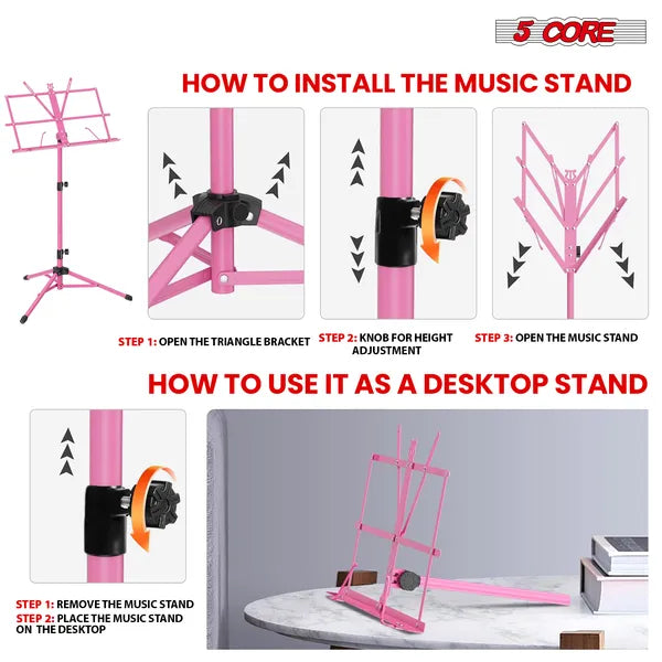 5 Core Music Stand Ajustable Desktop Book Stands Portable Sheet Holder Tous métalliques pliables