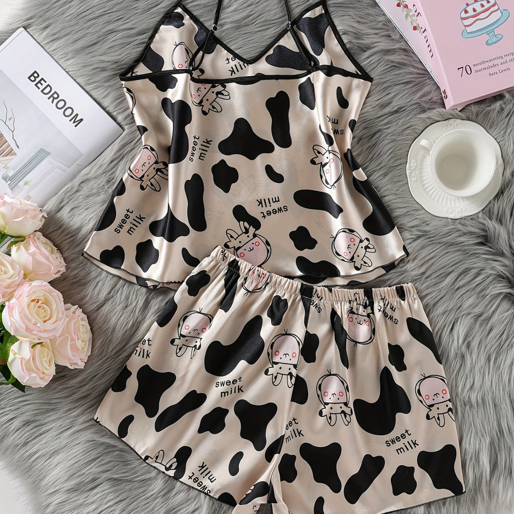 Femme Silk Cow Print Cozy Cool Home Jumpsuit Short Set