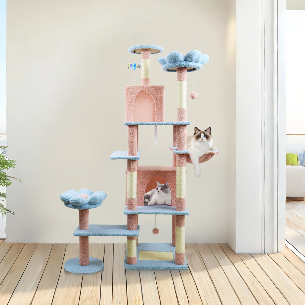 71 pouce arbre de chat fleur avec grand condo coussin de fleur amovible et hamac bleu