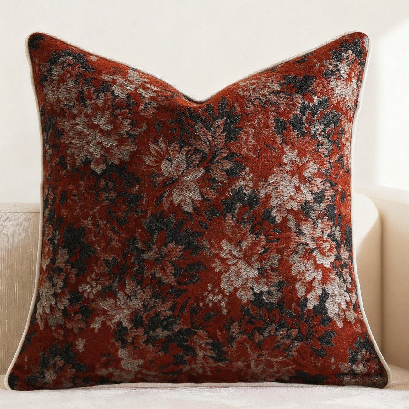 Vieille case d'oreiller en jacquard teinte de fil de couleur florale Chenille