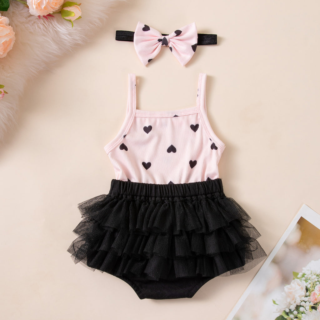 Style coréen Baby Outfit Rose et Noir Contraste Cœur bracelet côtelé Romper