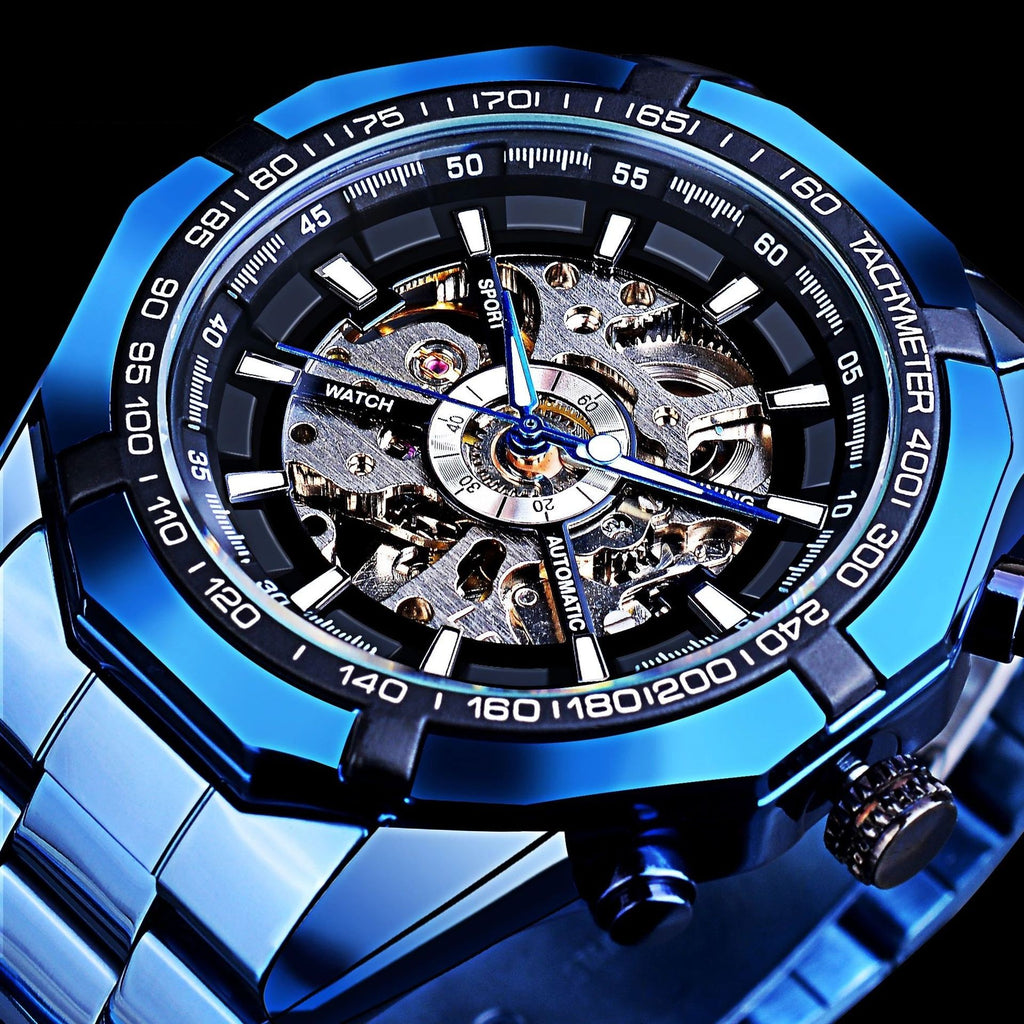 Montre mécanique Casual Hollow Blue Plating automatique