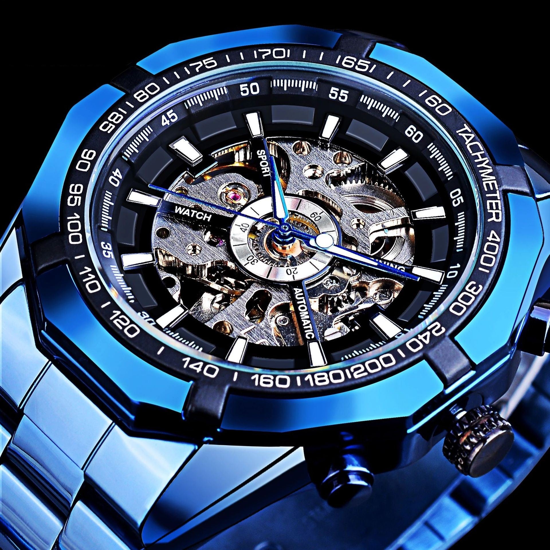 Montre mécanique Casual Hollow Blue Plating automatique
