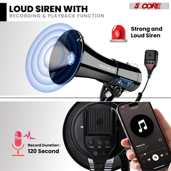 5 Mégaphone Core 50W Bluetooth rechargeable Bullhorn Portable 1100 Yards W Siren