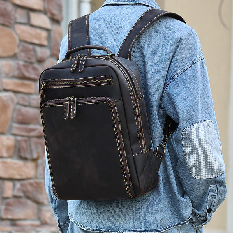 Sac à dos de voyage en plein air pour hommes Sac à dos en cuir véritable pour hommes Business Leisure Crazy Ho