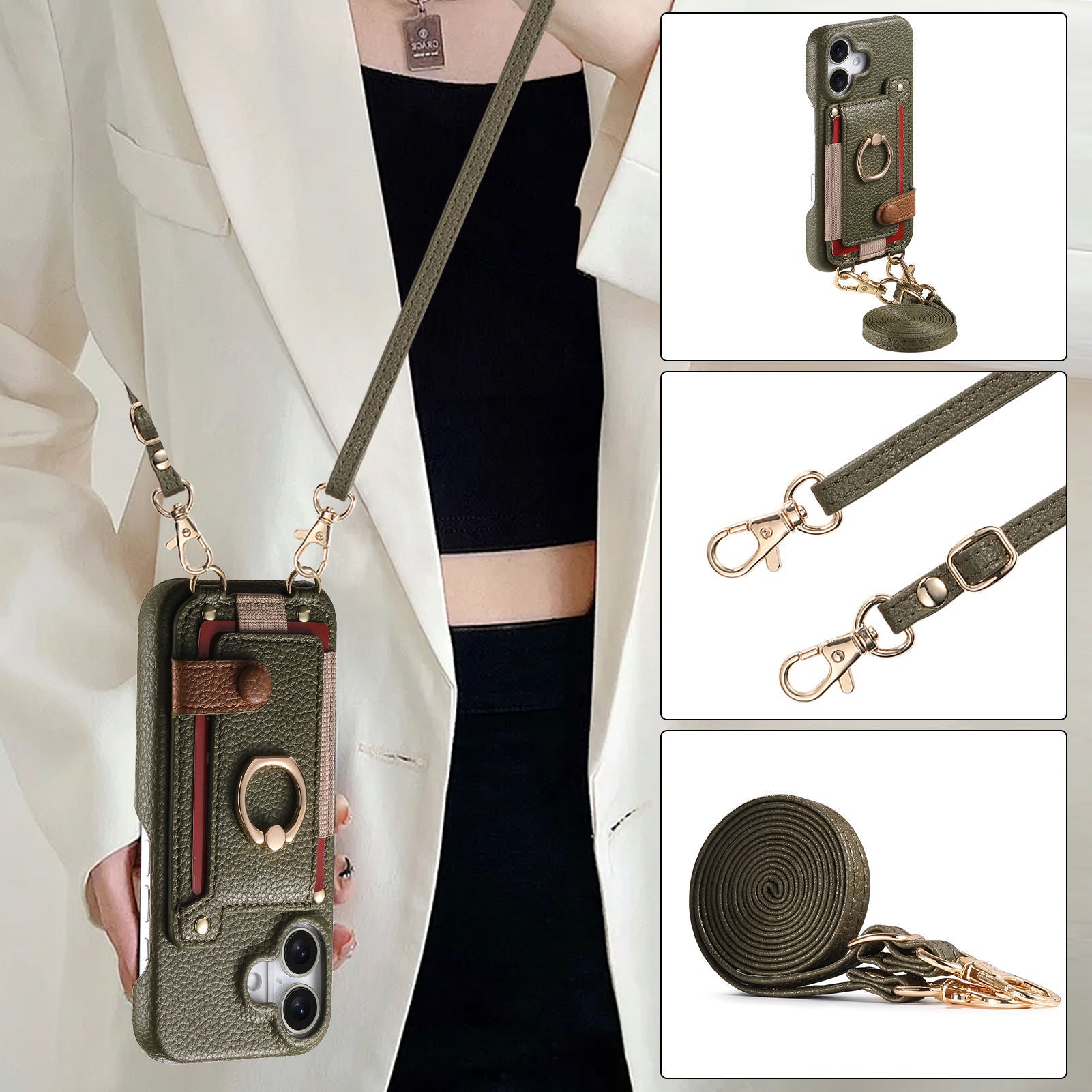 Long Crossbody Lanyard en cuir avec des fentes de carte pour le stockage