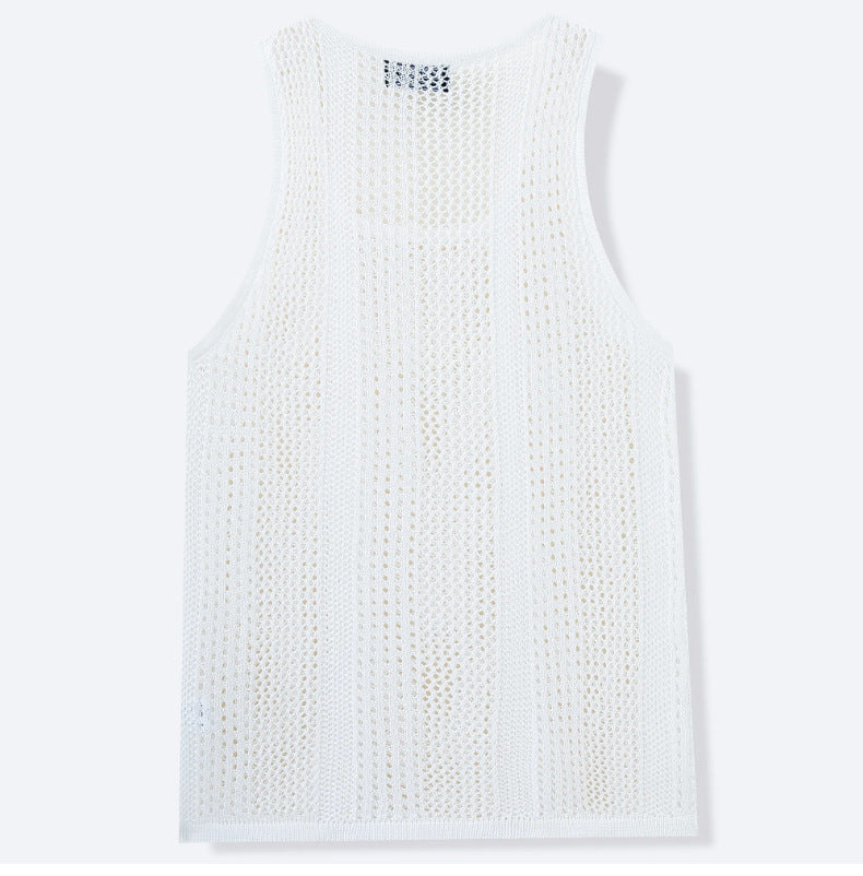 Été hommes sans manches Knit Hollow-out Deep U-Neck Casual Tank Top