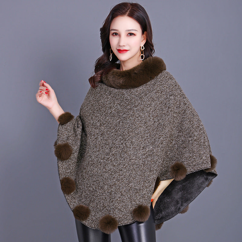 Women's Brown Mid-length Furry Ball Shawl Cape With Outerwear