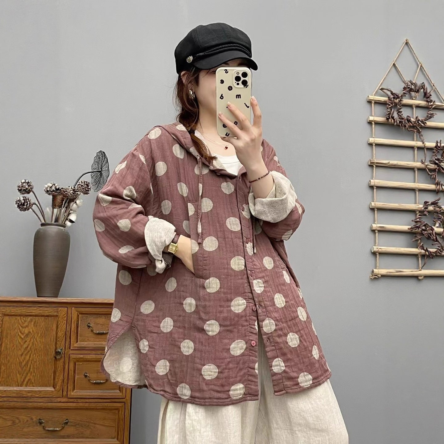 Femmes Cardigan Hoodie avec imprimé Polka-Dot