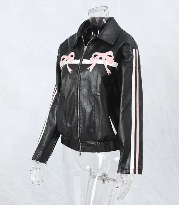 Veste en cuir pour femmes Bow-Knot Zipper