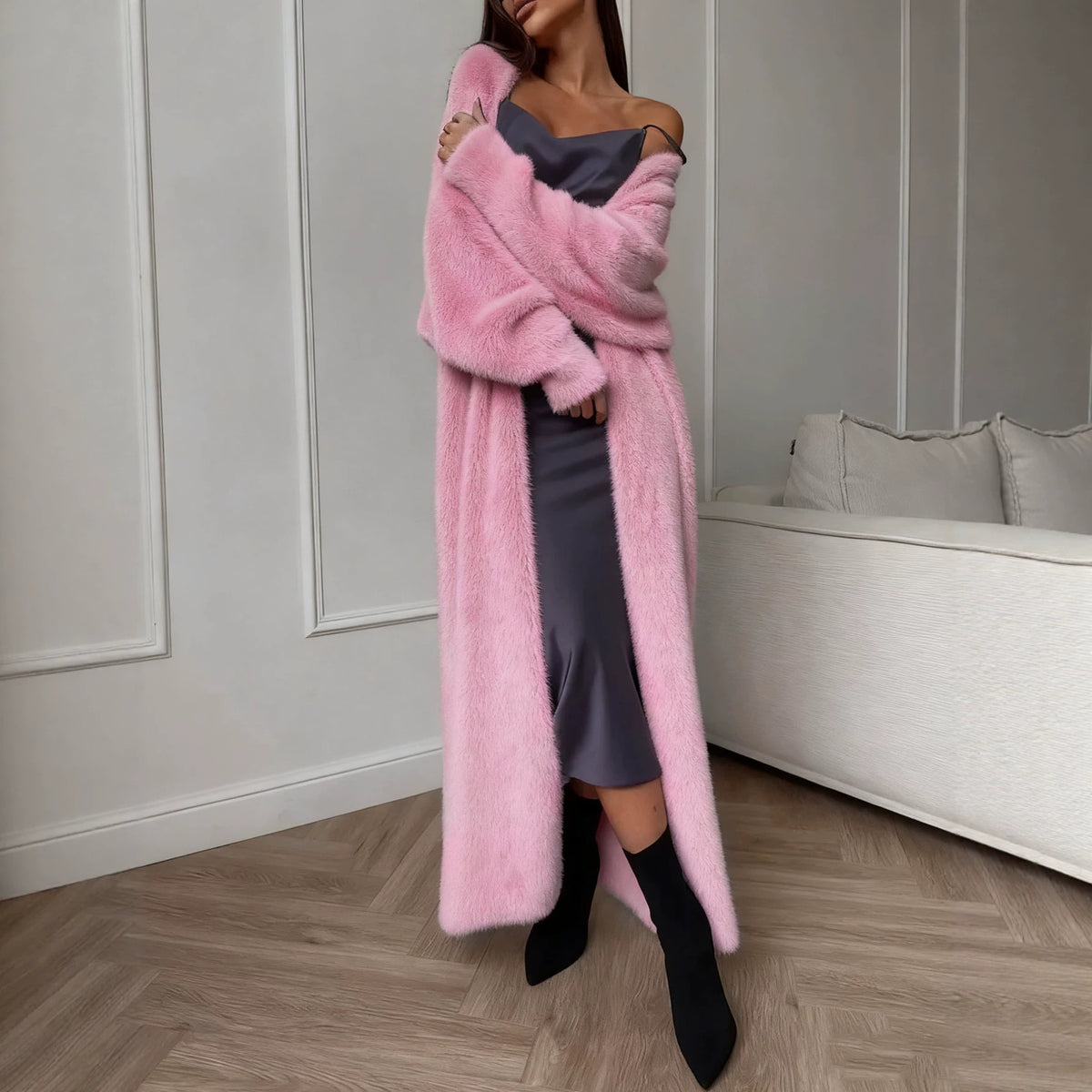 Faux femmes Mink Fur Long Knit Cardigan