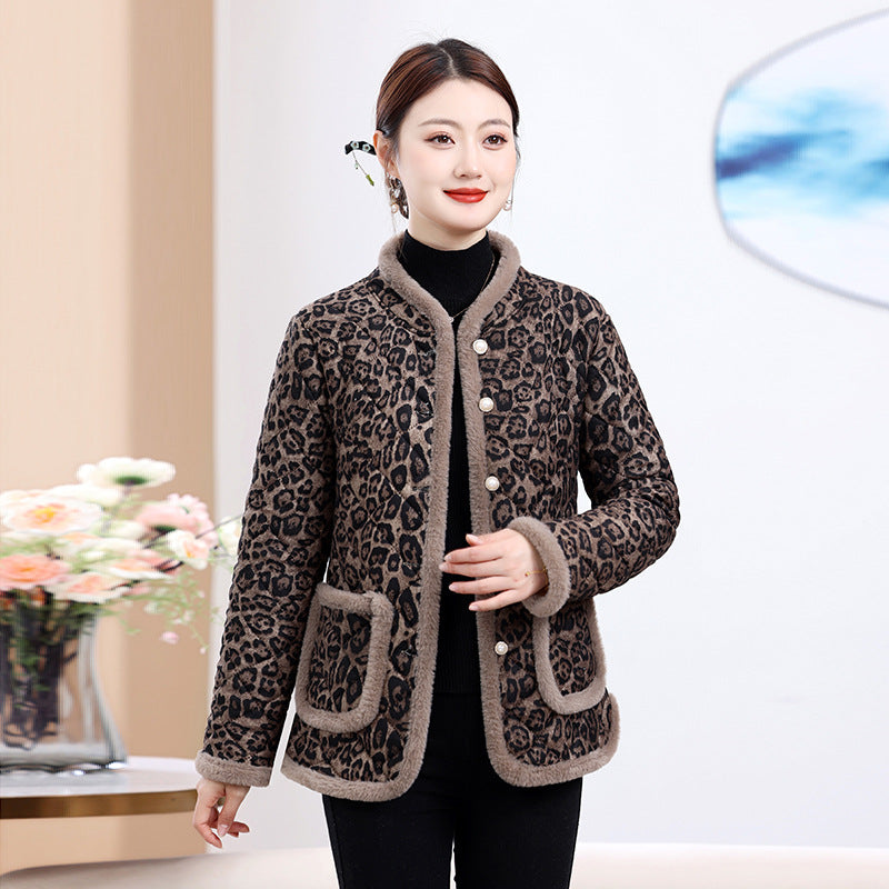 Moms Manteau rembourré en coton à imprimé léopard, doublé de polaire