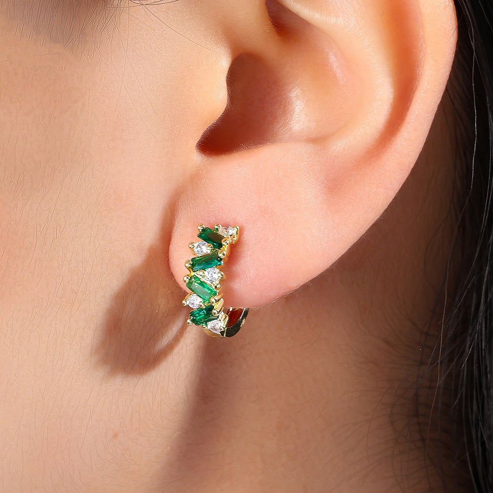 Boucles d'oreilles Femmes Emerald-Tone Baguette CZ Huggie Hoop