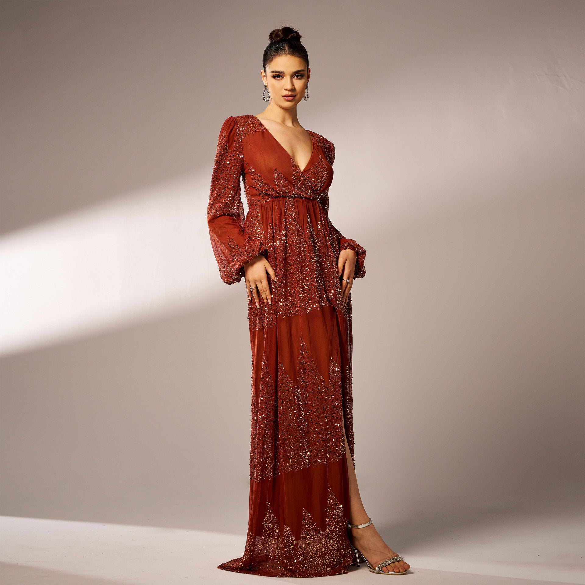 Manches longues Col V Sexy Robe de soirée longue pailletée