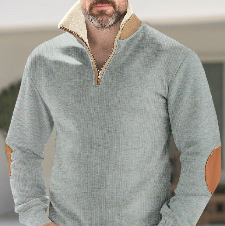 Men's Versatile Embroidered Patchwork Long-Sleeve Half-Placket