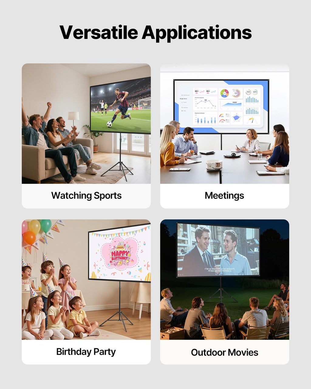 Écran de projecteur trépied avec support 80 pouces 160° large angle 4K HD 16:9 écran