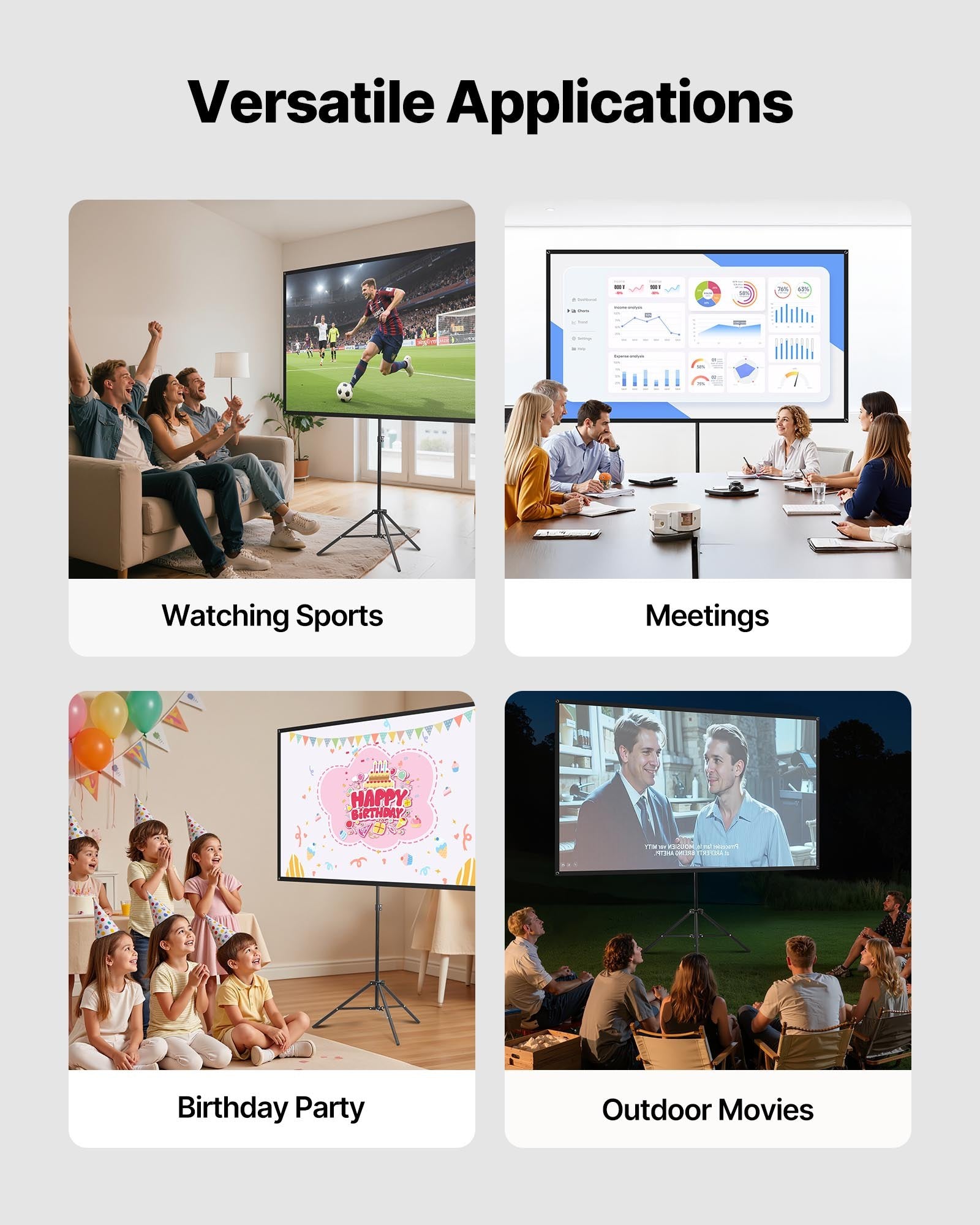 Écran de projecteur trépied avec support 80 pouces 160° large angle 4K HD 16:9 écran