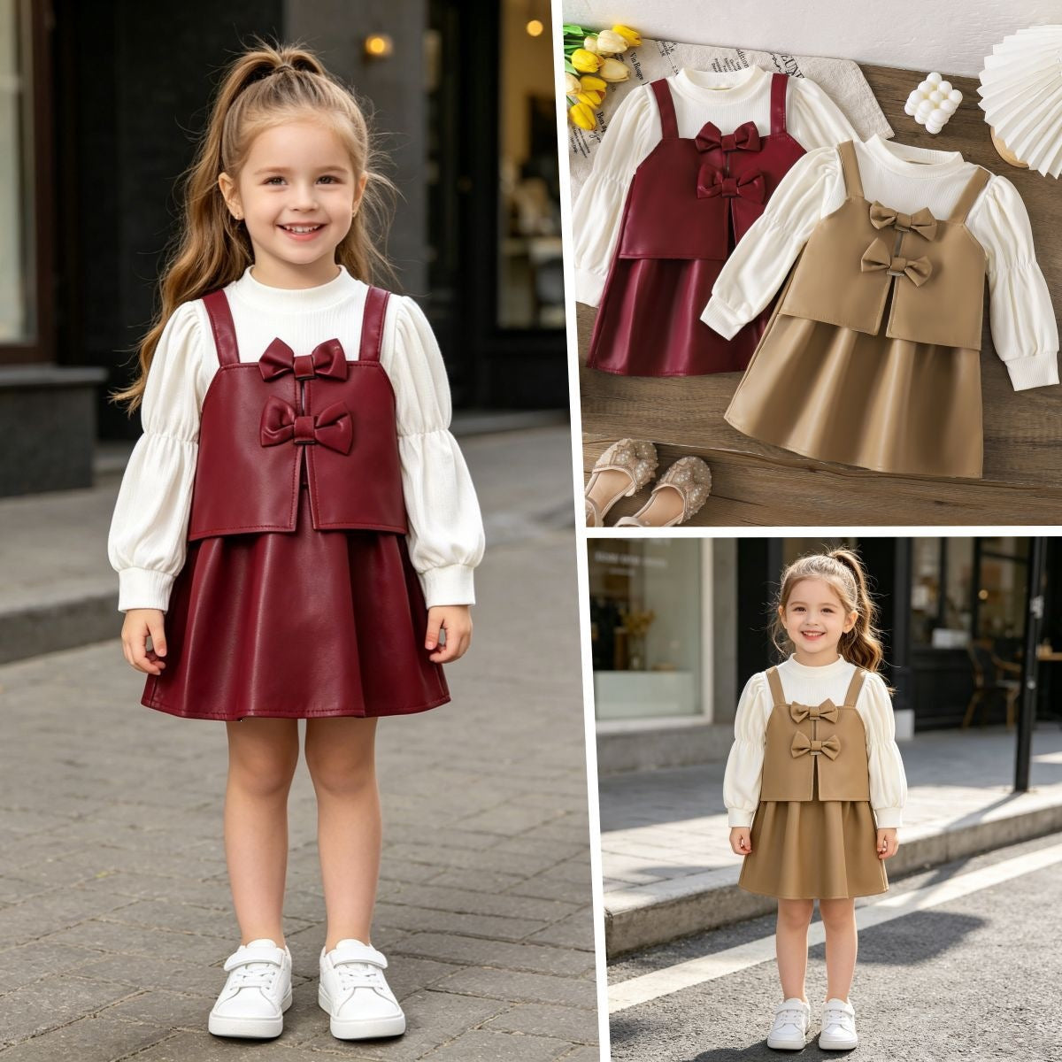 PU en cuir Princesse style manches longues Bow Tie Faux Ensemble deux pièces