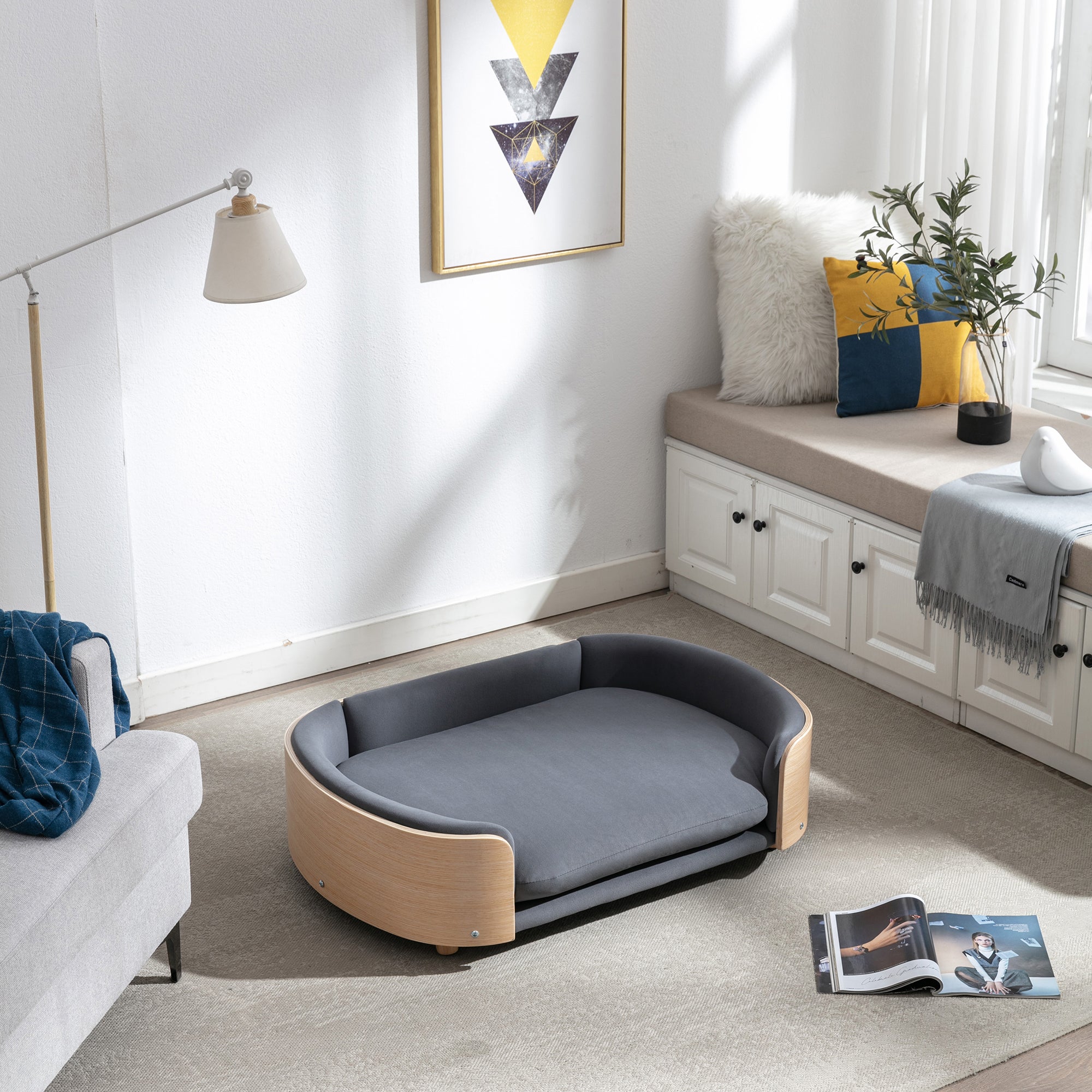 Style scandinave Lit de chien élevé Canapé pour animaux avec pieds en bois massif et dos en bois bent