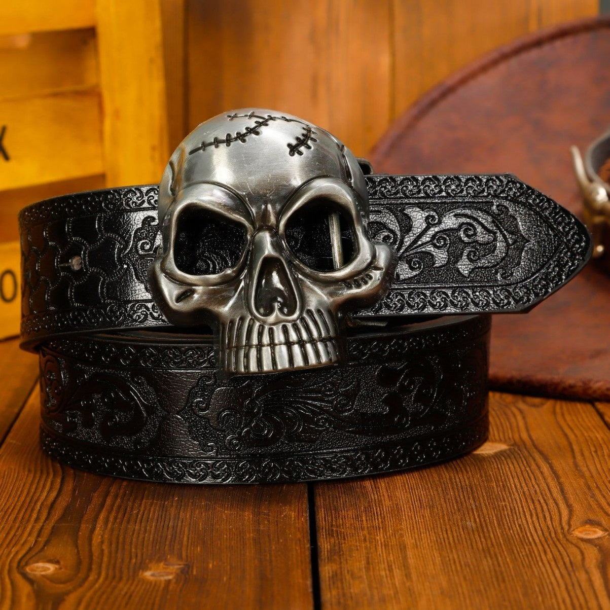 Unisex simple noir PU embossé Vintage Crâne creux ceinture pour hommes et femmes