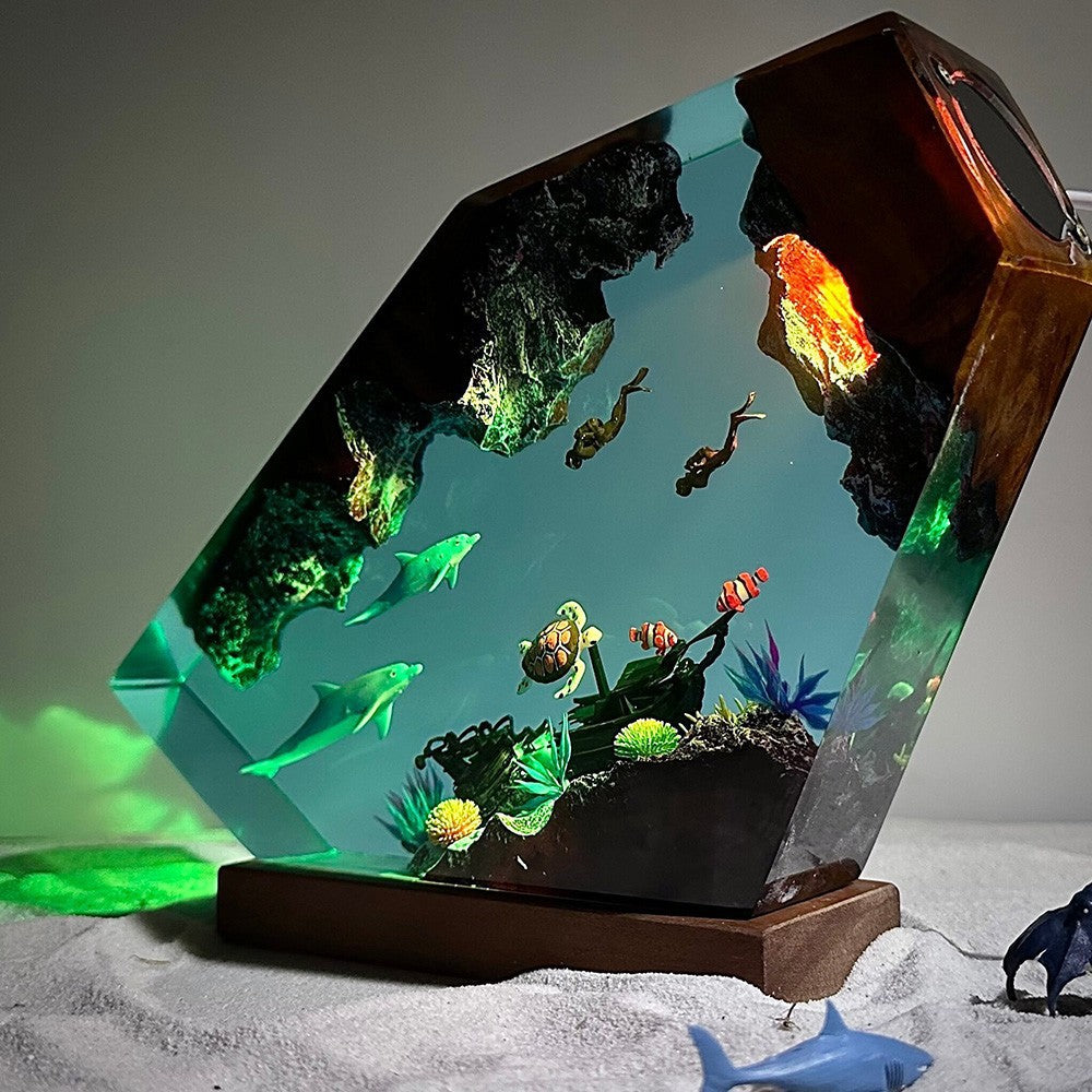 Marine Style Orca Diver Themed Lampe en bois résine Lumière de nuit