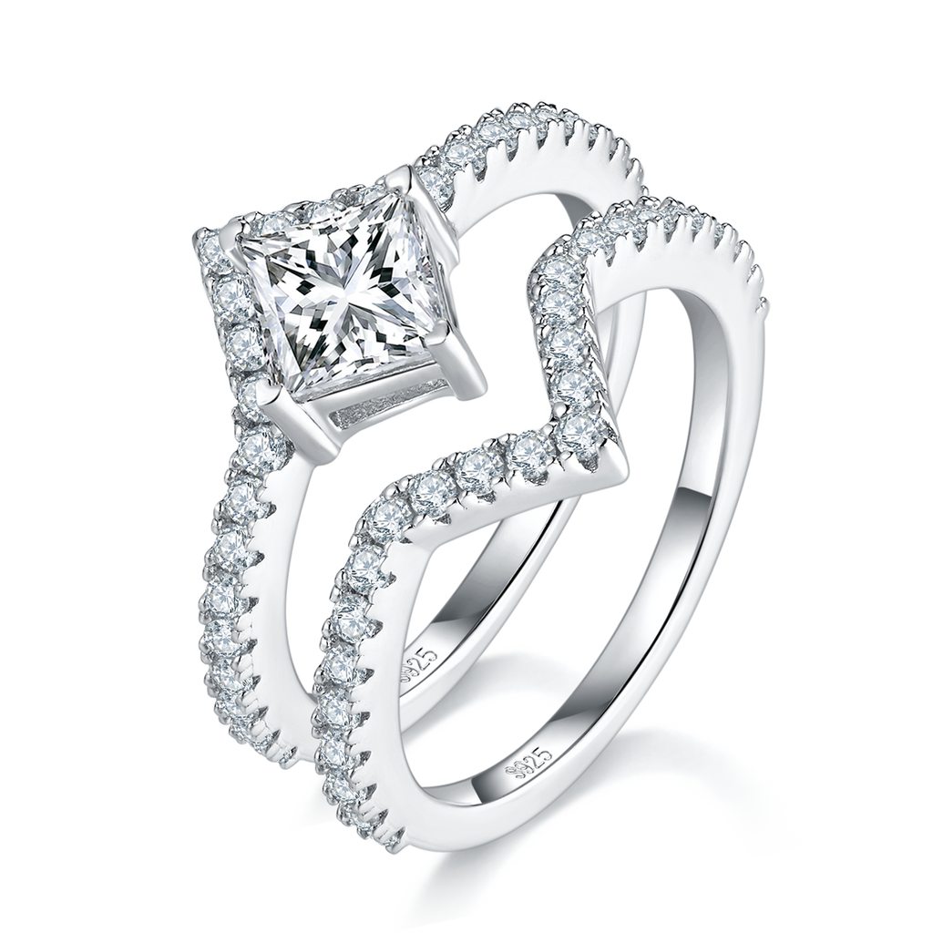 Ensemble de bagues de fiançailles Princess Cut Moissanite S925 Argent