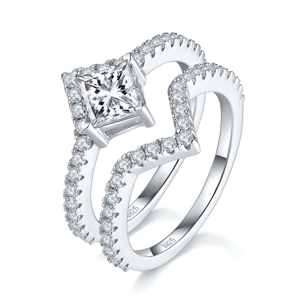 Ensemble de bagues de fiançailles Princess Cut Moissanite S925 Argent