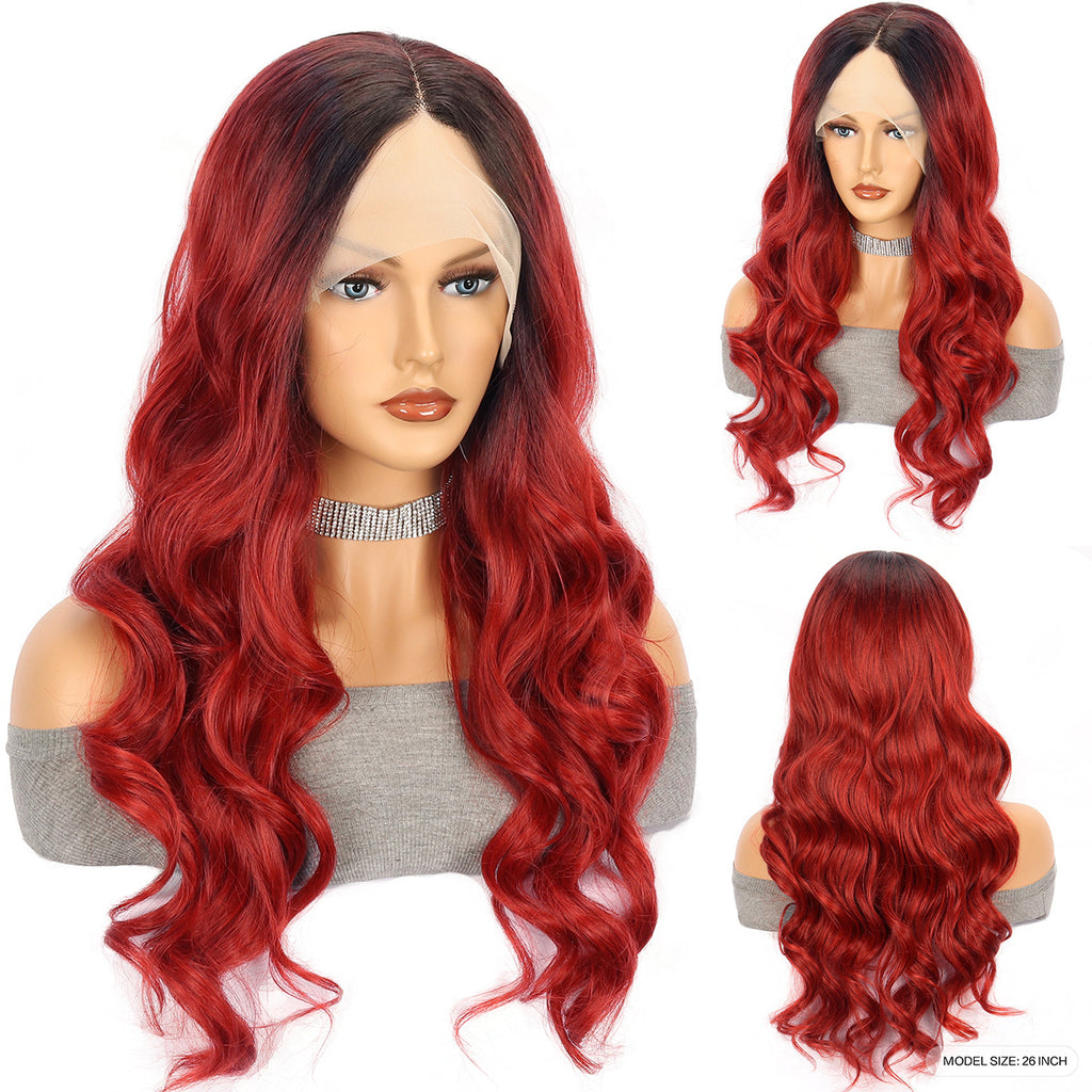 Couverture de tête de fibre de fibre chimique rouge longue vague de cheveux bouclés